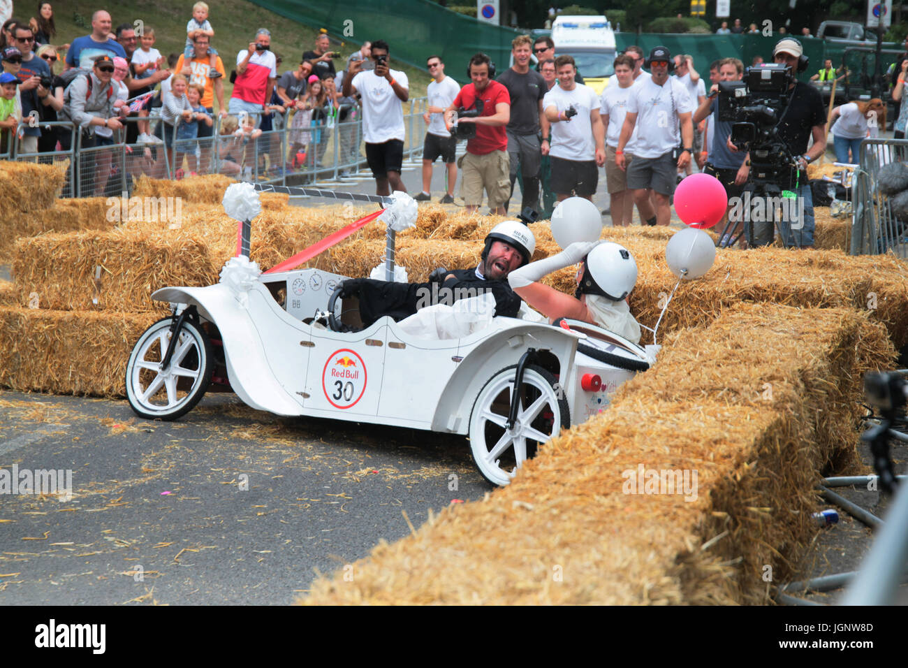 London UK. 09th July 2017 Alexandra Palace welcomed the Wacky Races, or soap box vehicles, aka gravity racer or soapbox Red Bull Soapbox Race is an international event in which amateur drivers race homemade soapbox vehicles. Each hand-made machine is fuelled by nothing but sheer courage This unique, non-motorised racing event challenges both experienced racers and amateurs alike to design and build outrageous soapbox dream machines and compete against the clock in a downhill race. Credit: Paul Quezada-Neiman/Alamy Live News Stock Photo