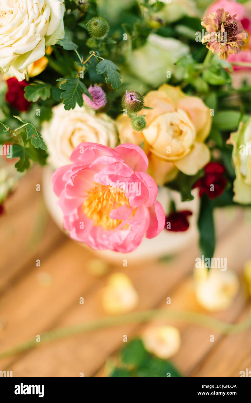 wedding, celebration, nature, gardening concept - close-up of chic bouquet composed of delicate avalanches, roses, dianthuses and tender peony, and de Stock Photo