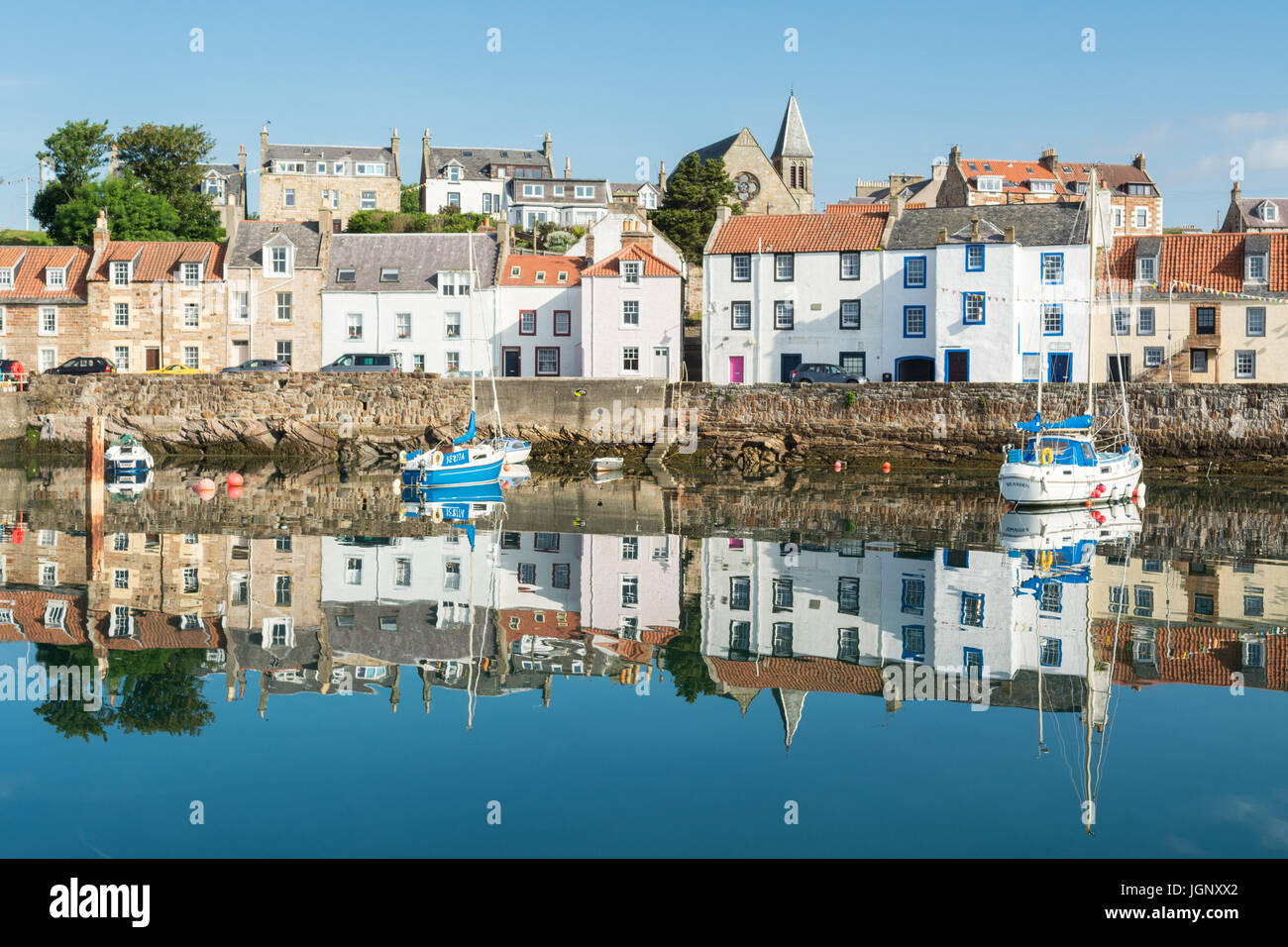 St Monan's Fife, Scottish fishing village reflections, East Neuk of Fife, Scotland, UK Stock Photo