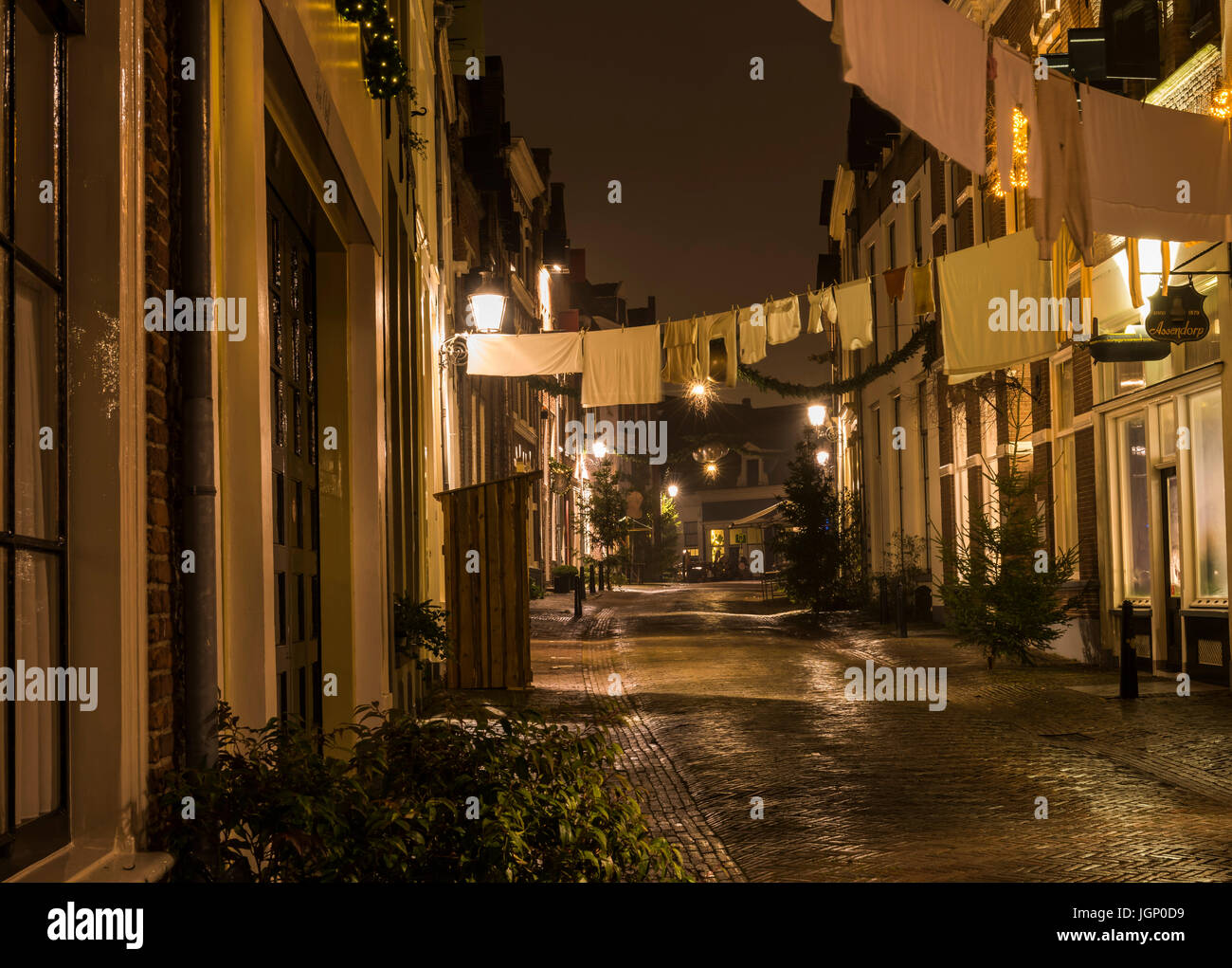 Deventer, The Netherlands - December 17, 2016:  Deventer during Christmas time in the evening with christmas lights and  lanterns during Dickens Festi Stock Photo