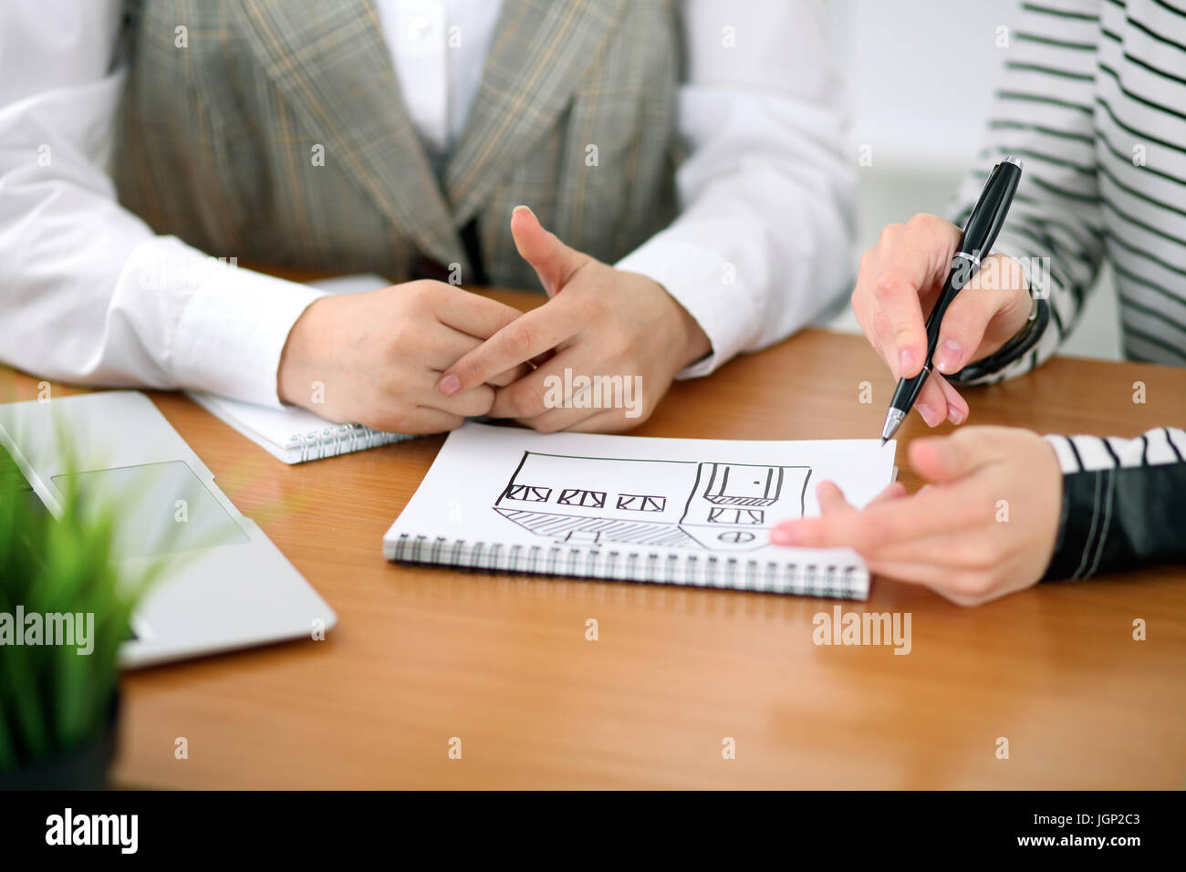 Young business woman designer discussing architecture project with ...