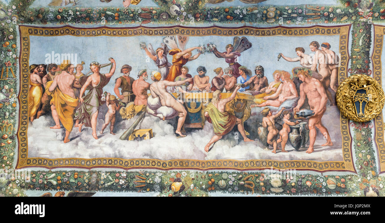 Wedding Banquet of Cupid and Psyche, fresco by Raphael, Villa Farnesina, Rome, Italy Stock Photo