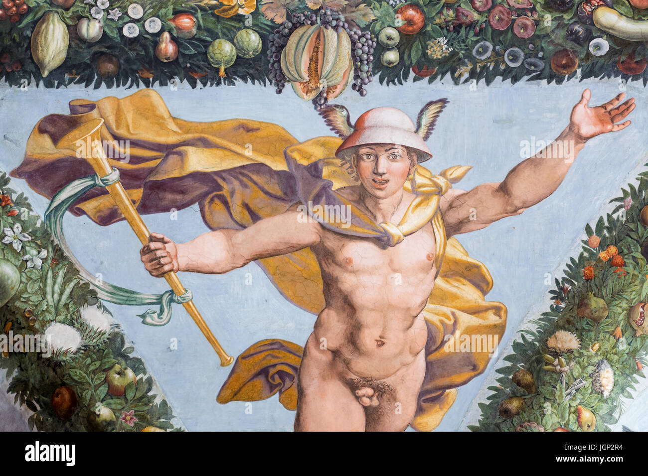 Mercury, Loggia of Cupid at Psyche, fresco by Giulio Romano, Villa Farnesina, Rome, Italy Stock Photo