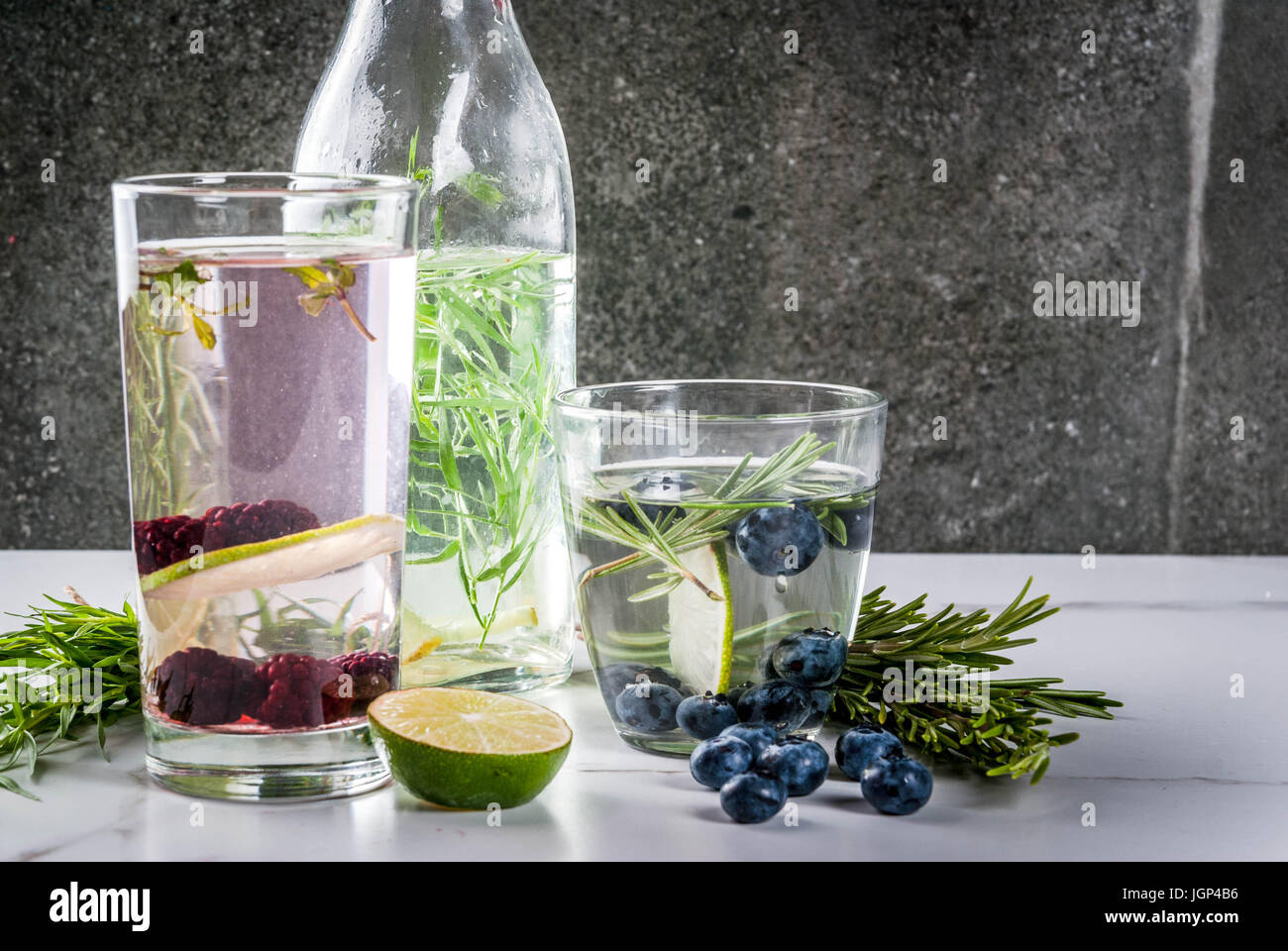 Summer refreshment diet drinks. Infused detox waters in different