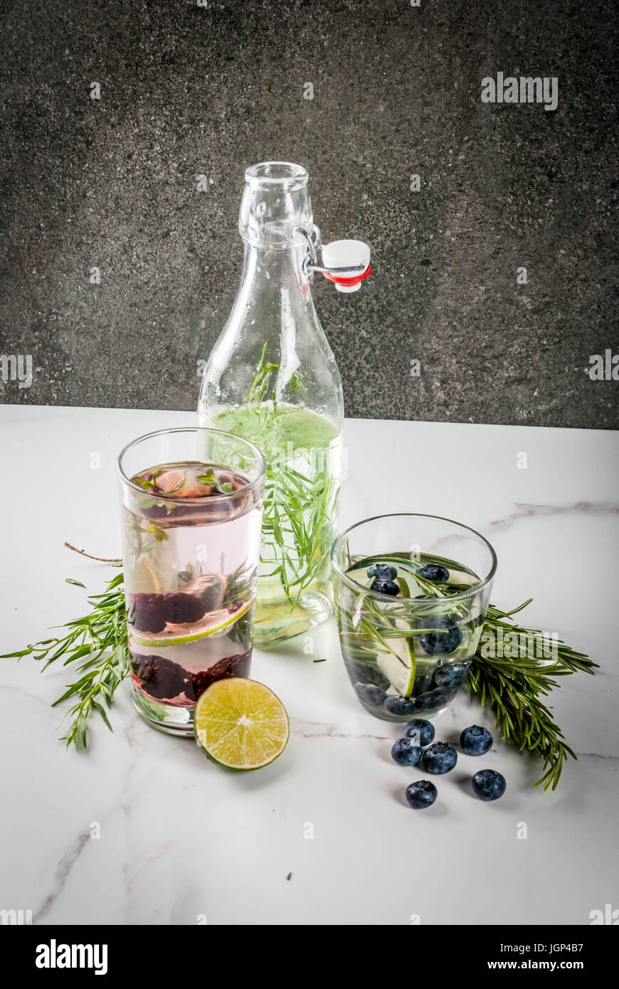 Summer refreshment diet drinks. Infused detox waters in different