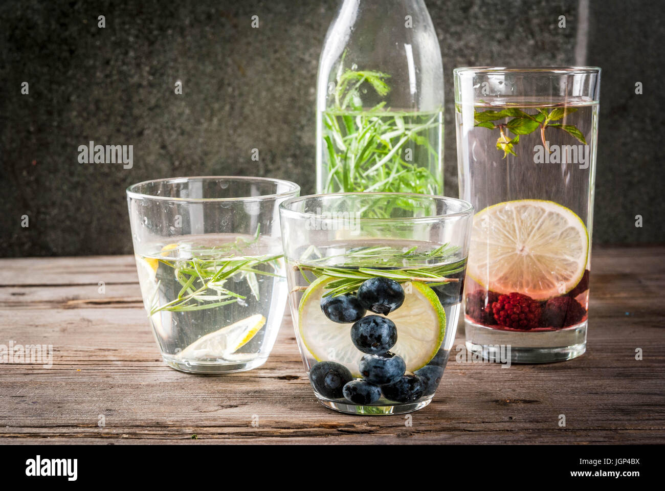 Summer refreshment diet drinks. Infused detox waters in different