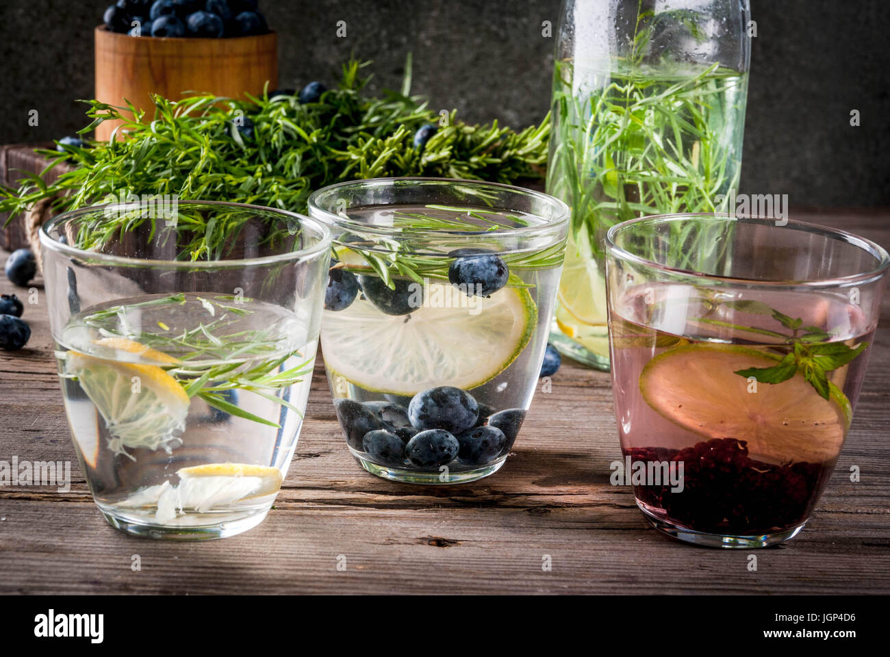 Summer refreshment diet drinks. Infused detox waters in different