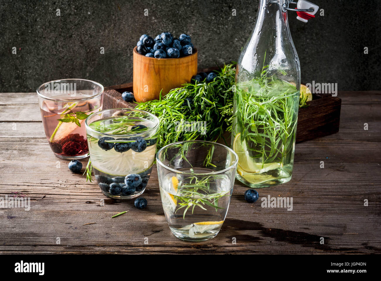 Summer refreshment diet drinks. Infused detox waters in different ...