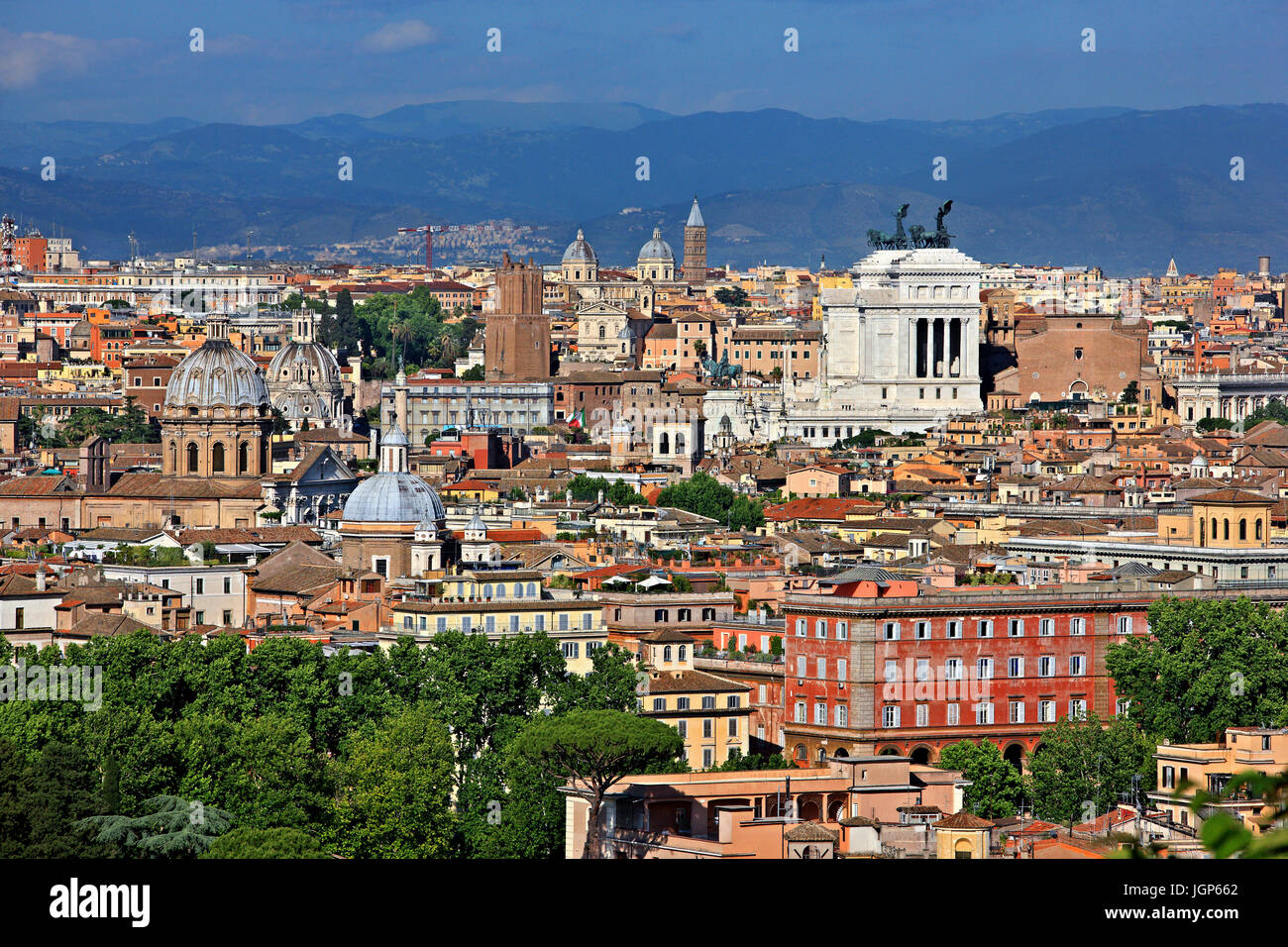 View of Rome from Gianicolo hill. The white building that stands out is the 'Vittoriano', also known as 'Altare della Patria'. Stock Photo
