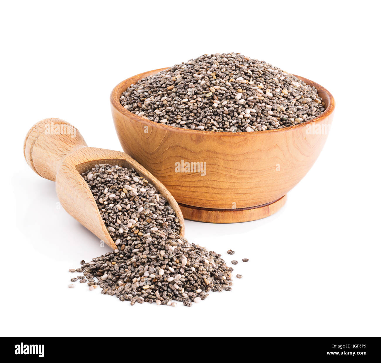 Chia seeds in a wooden bowl isolated on white Stock Photo