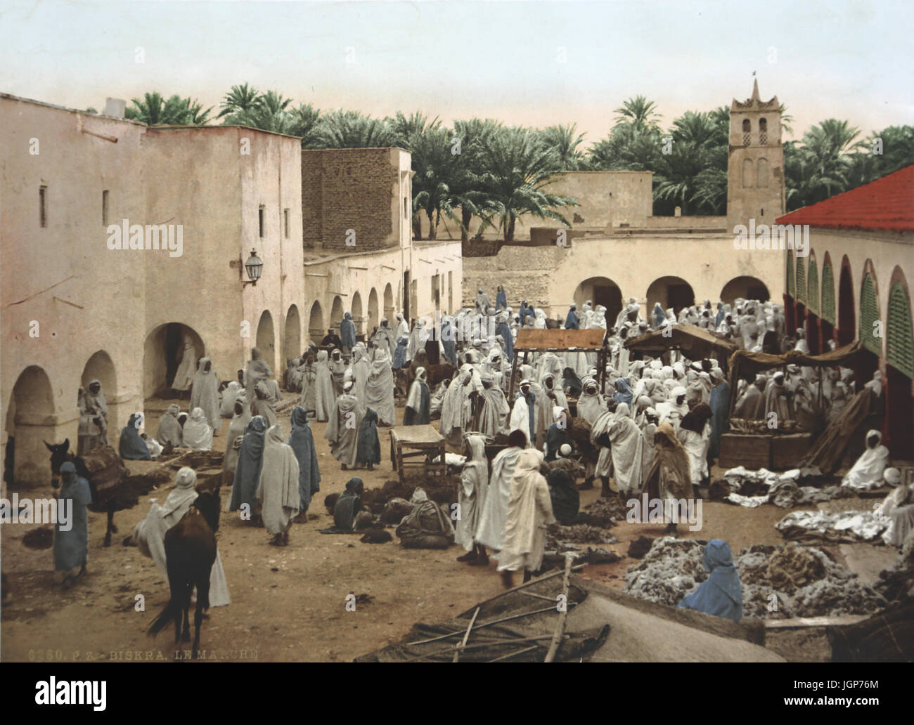View of Biskra market in Biskra, Algeria. Circa 1899. Photochrome print. Part of a photo album. Stock Photo