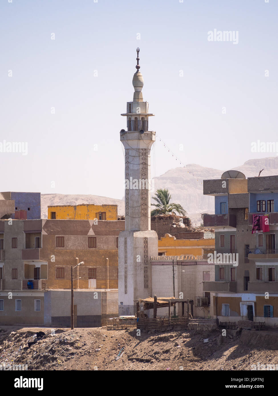 The Minaret of a mosque on the banks of the river Nile close to Luxor, Egypt. Stock Photo