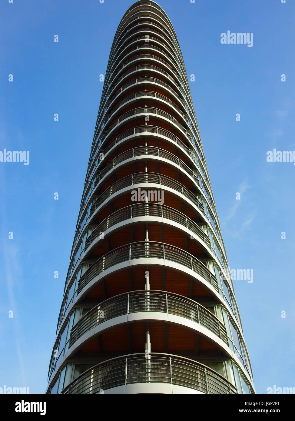 A view from the ground of a large modern towerblock Stock Photo