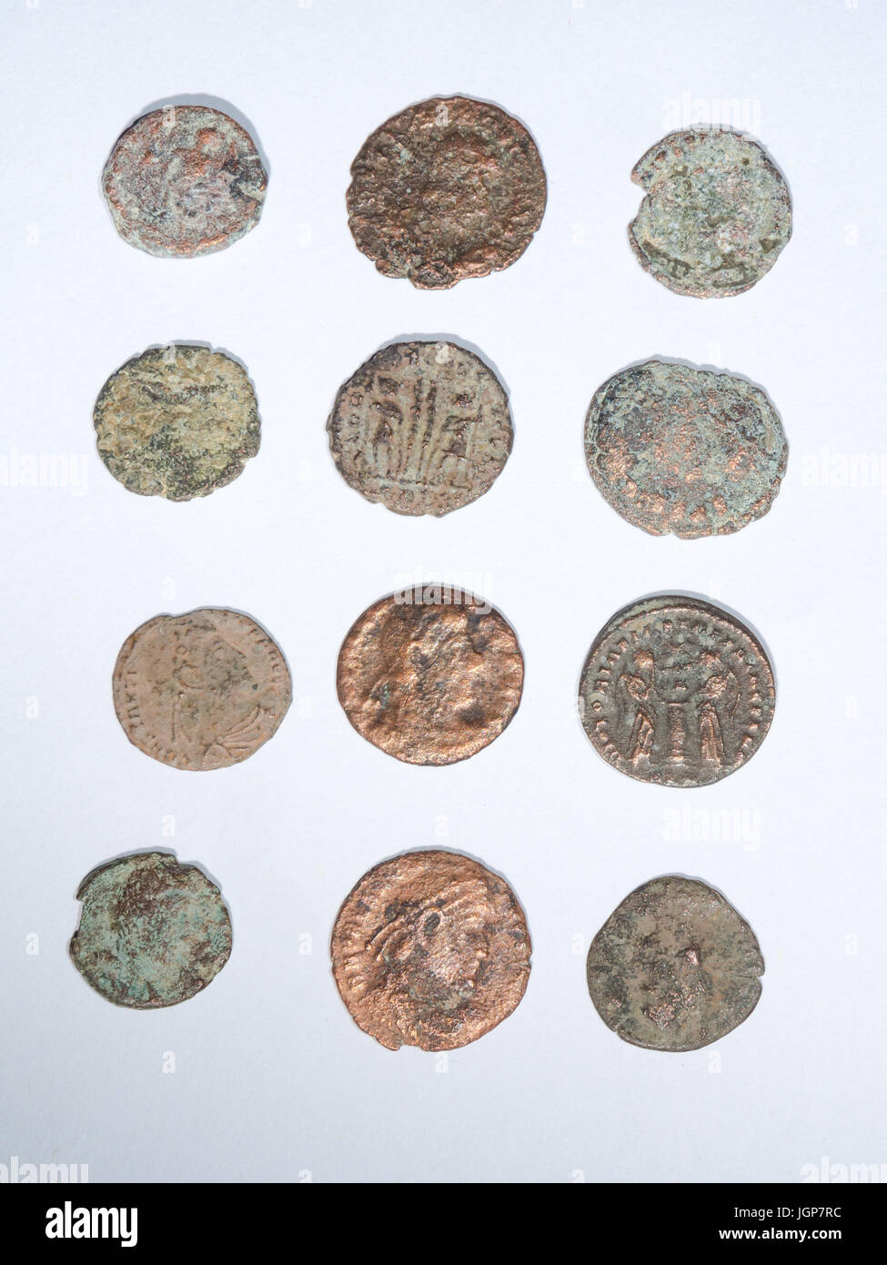 A selection of Roman coins dug up at various sites within the UK Stock Photo