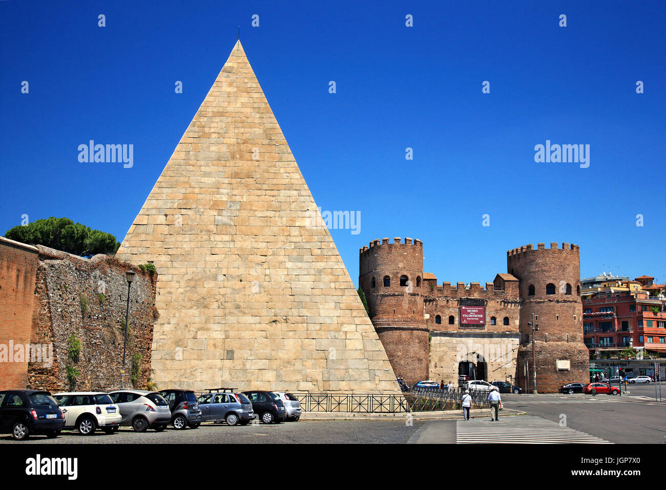 The Pyramid of Caius Cestius and the Saint Paul Gate ('Porta San Paolo'), Ostiense, Rome, Italy. Stock Photo