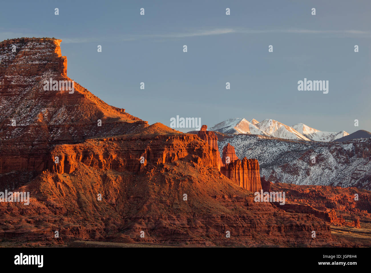 Fisher Towers and La Sal Mountains, Utah Stock Photo