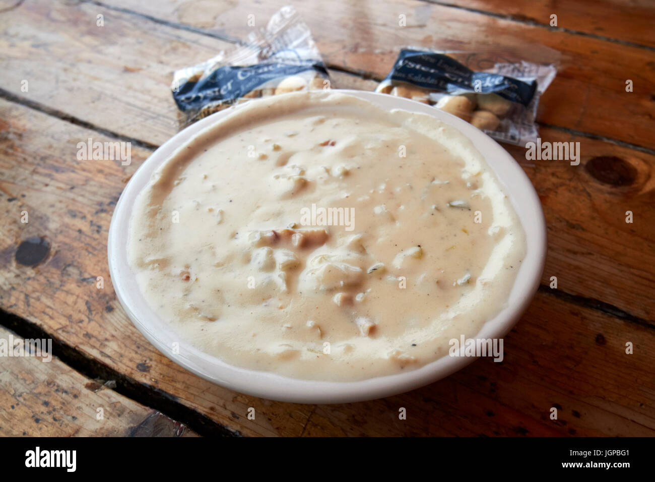 bowl of new england clam chowder and oyster crackers Boston USA Stock