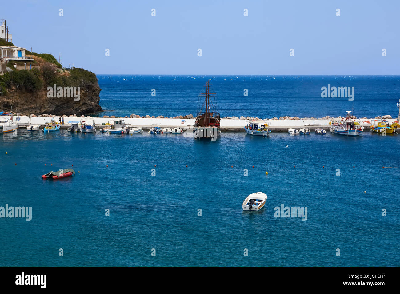 Boats and ships in the seaport of Bali at the Crete Island in Greece Stock Photo