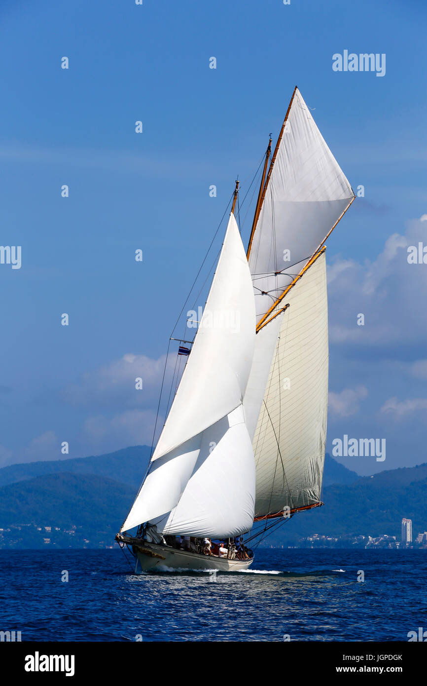 Luxury sailing ship schooner yacht cruising in Phuket Island, Phuket, Thailand during the Asian Superyacht Rendezvous. These sailboats have two or mor Stock Photo