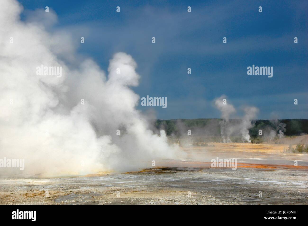 Field of steaming hot springs, dangerous terrain Stock Photo