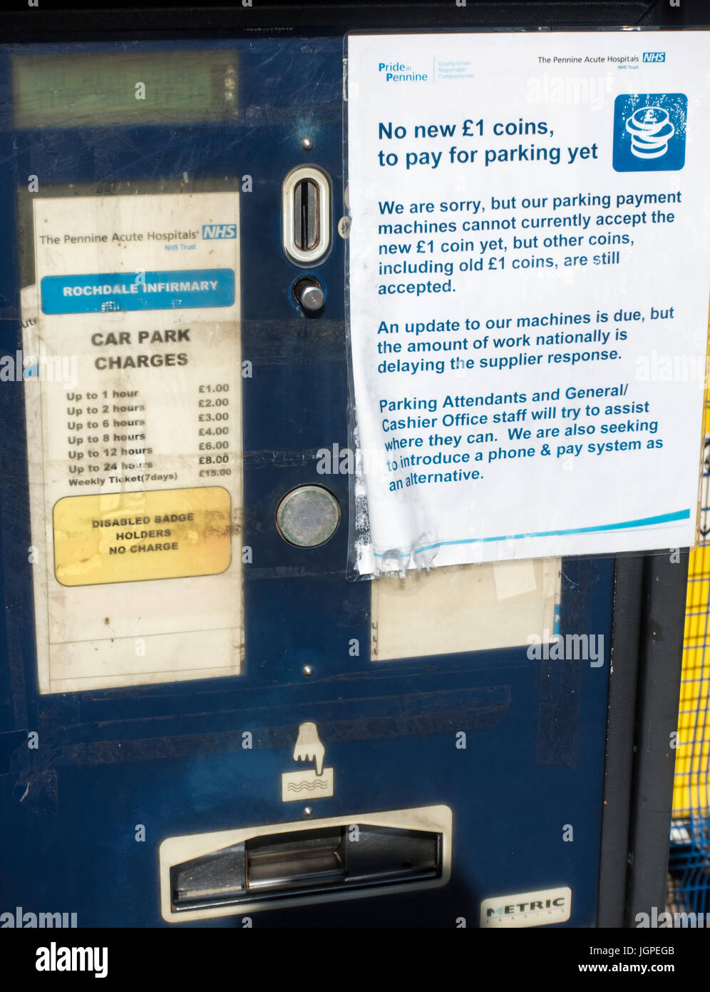 Parking ticket machine at Rochdale Infirmary that doesnt accept the new £1 coin Stock Photo