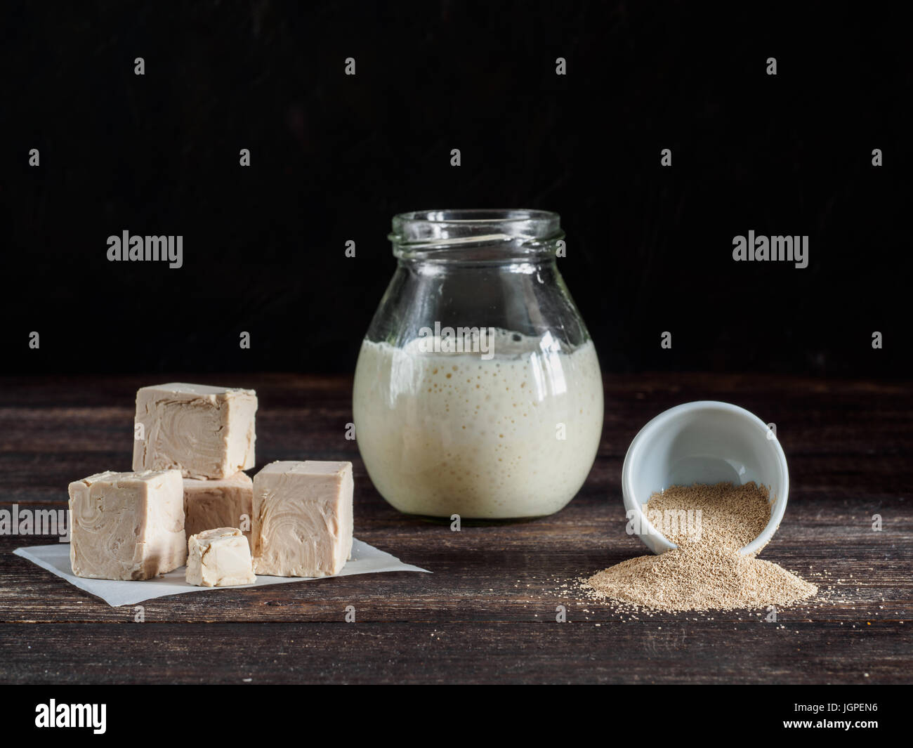Different types yeast. Fresh pressed yeast, dry instant yeast and