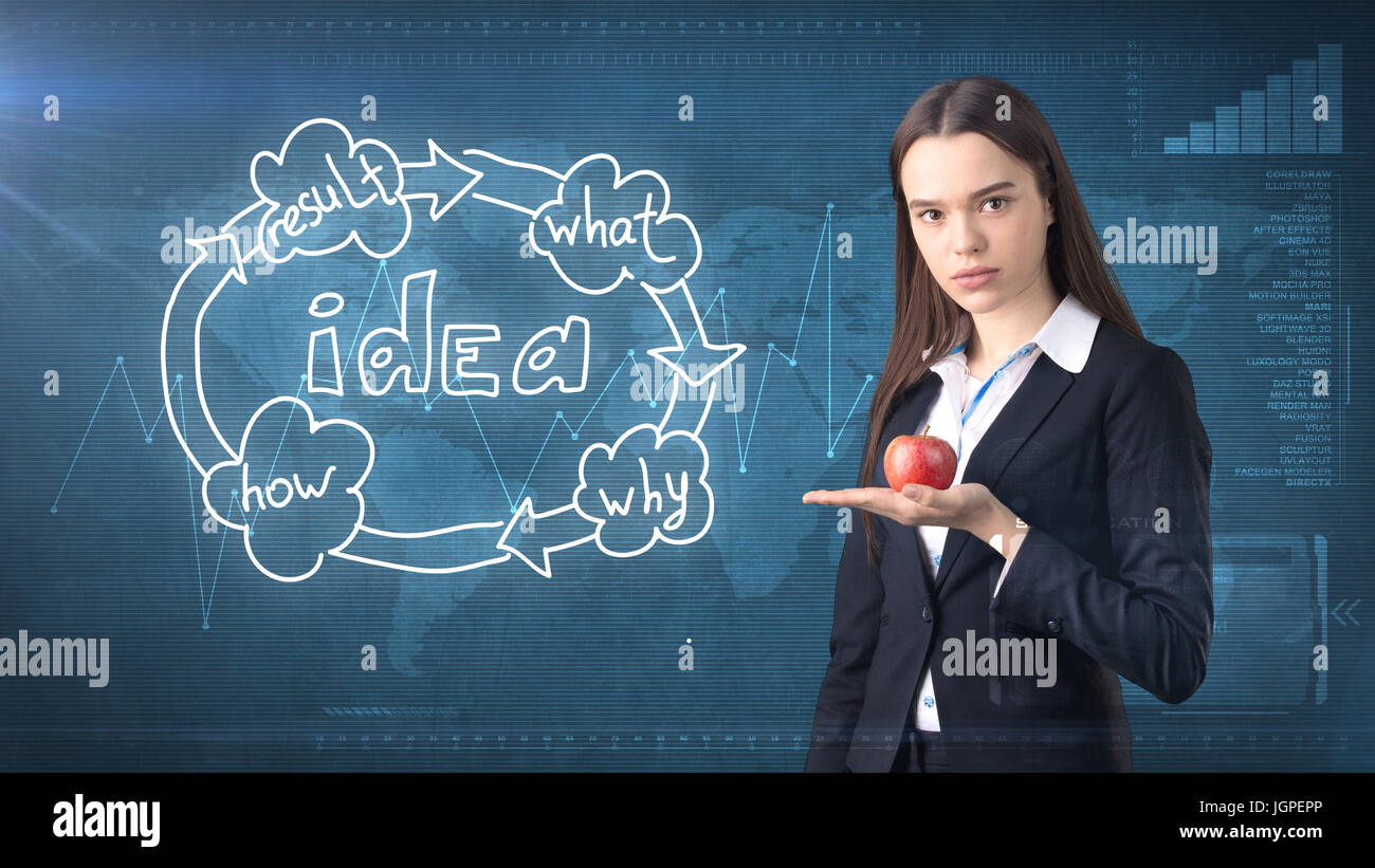 Creative ideas concept, beautiful businesswoman fighting on painted background near idea organizational chart. Stock Photo