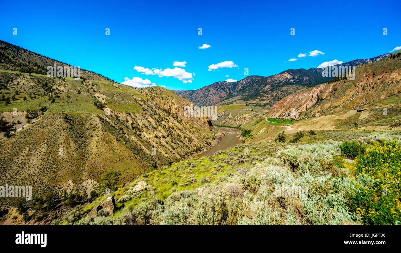 View of the Fraser River along Highway 99, from the area called the 10 mile slide or Fountain Slide, as the river flows to the town of Lillooet Stock Photo