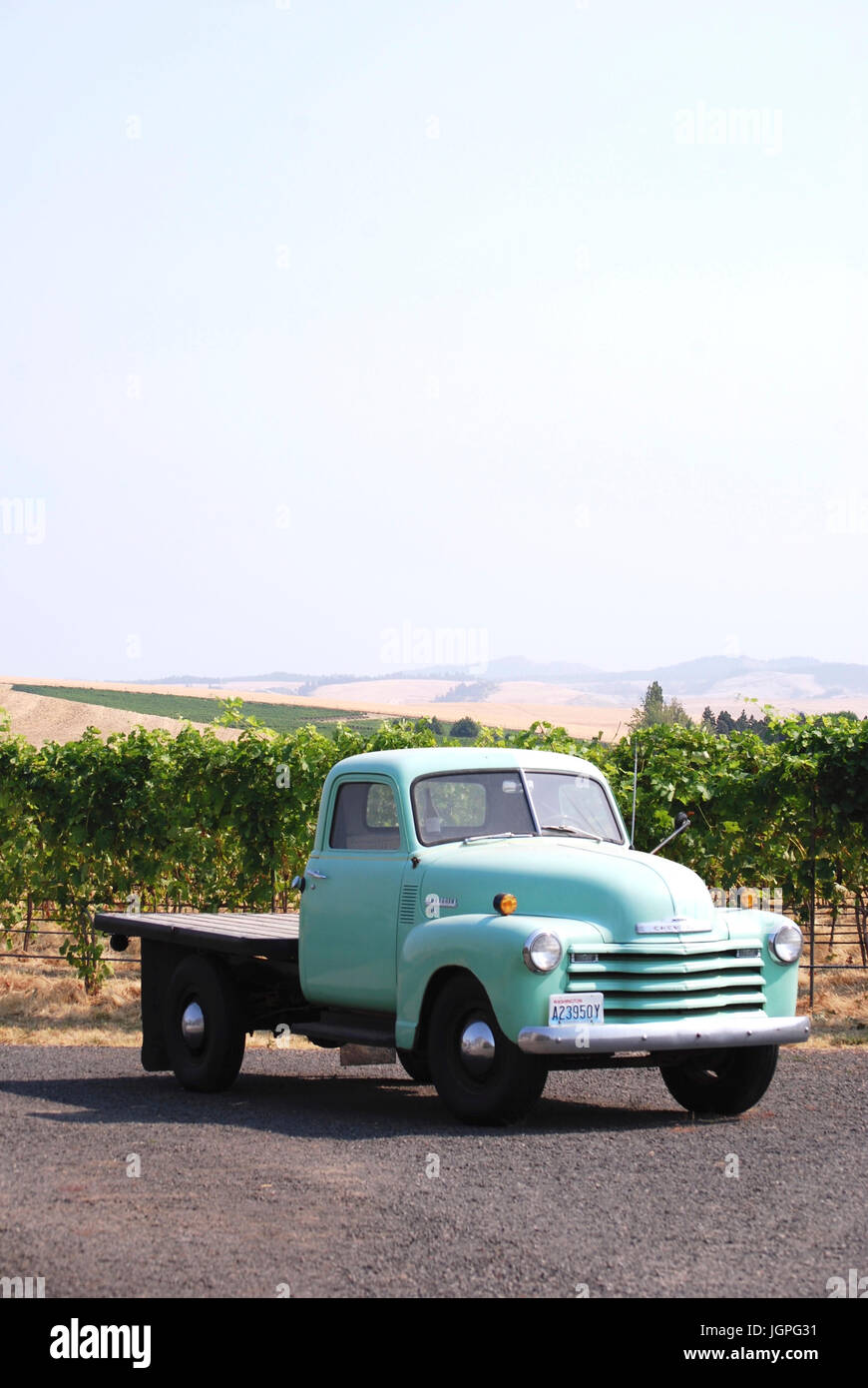 Vintage Chevrolet Pick up truck in the Vineyard at a Maurice cellars, Walla Walla, WA. USA Stock Photo
