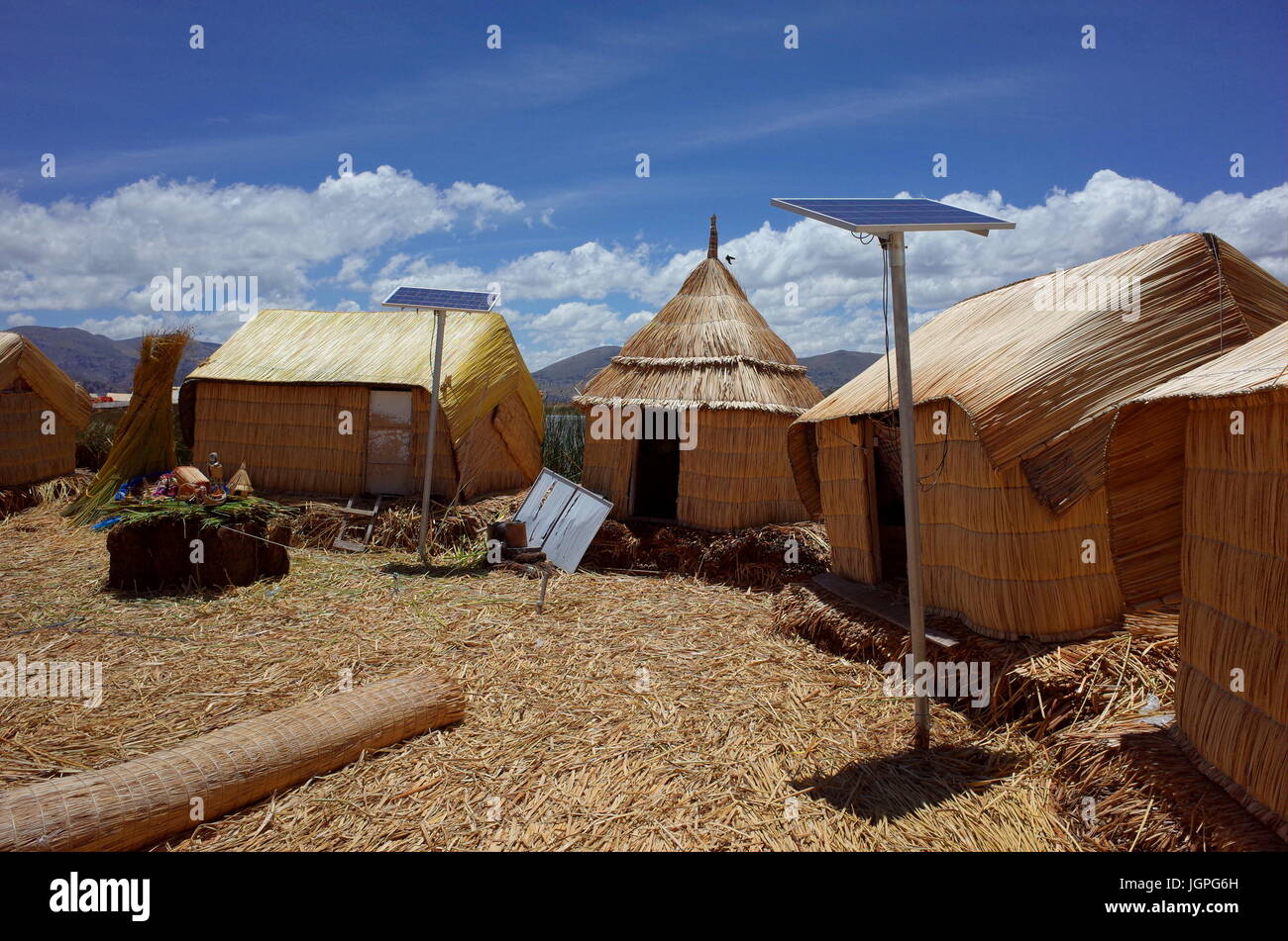 Reed huts powered by solar energy on the Floating Islands on Lake ...