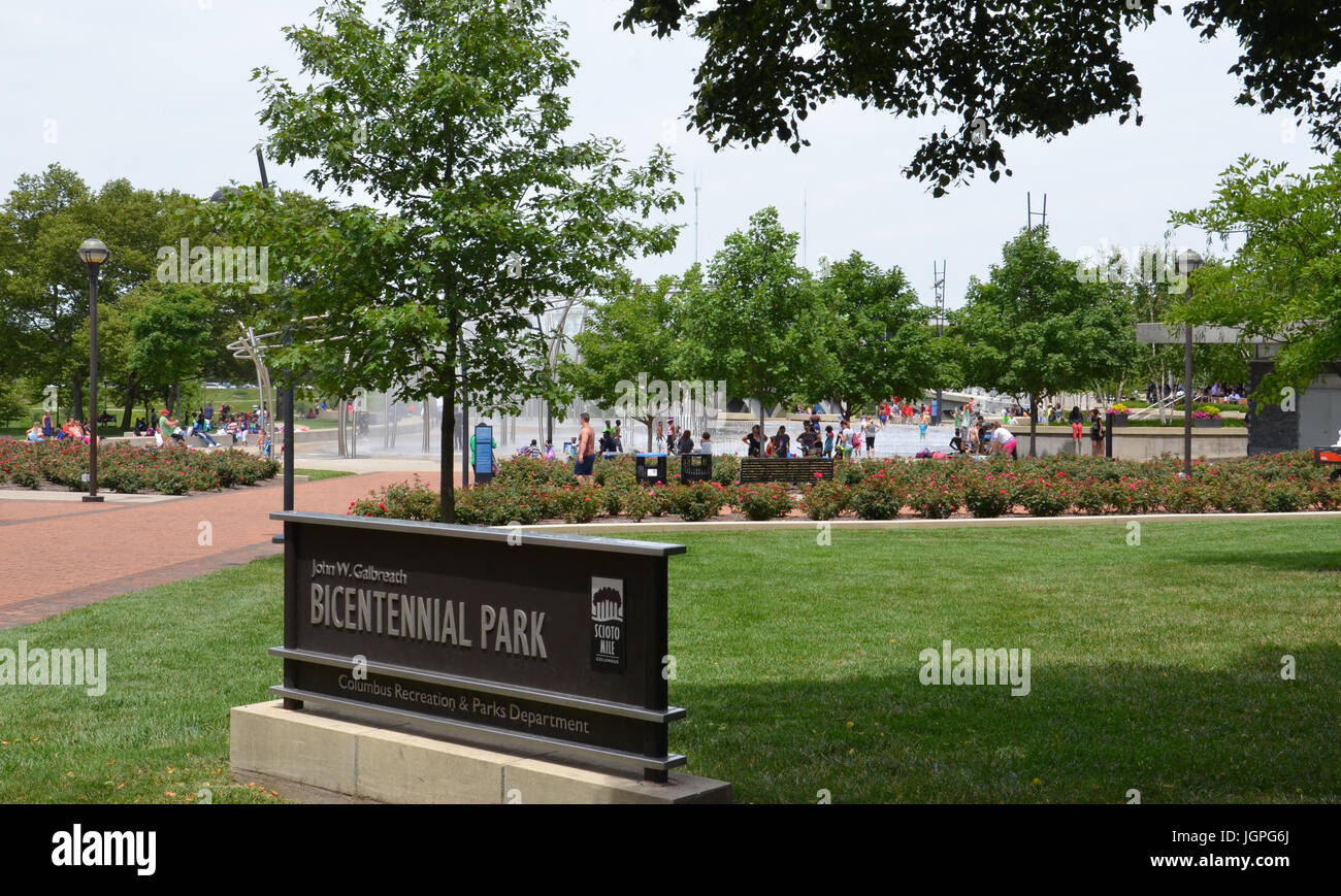 COLUMBUS, OH - JUNE 28: Bicentennial Park is shown on June 28, 2017. The American Electric Power Foundation Fountain has more than one thousand water  Stock Photo