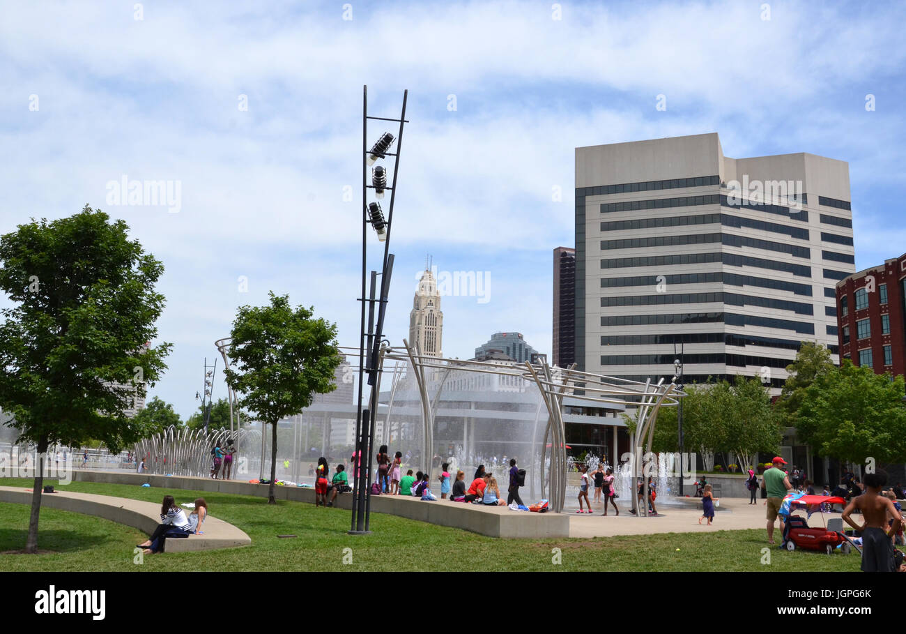 COLUMBUS, OH - JUNE 28: Bicentennial Park is shown on June 28, 2017. The American Electric Power Foundation Fountain has more than one thousand water  Stock Photo