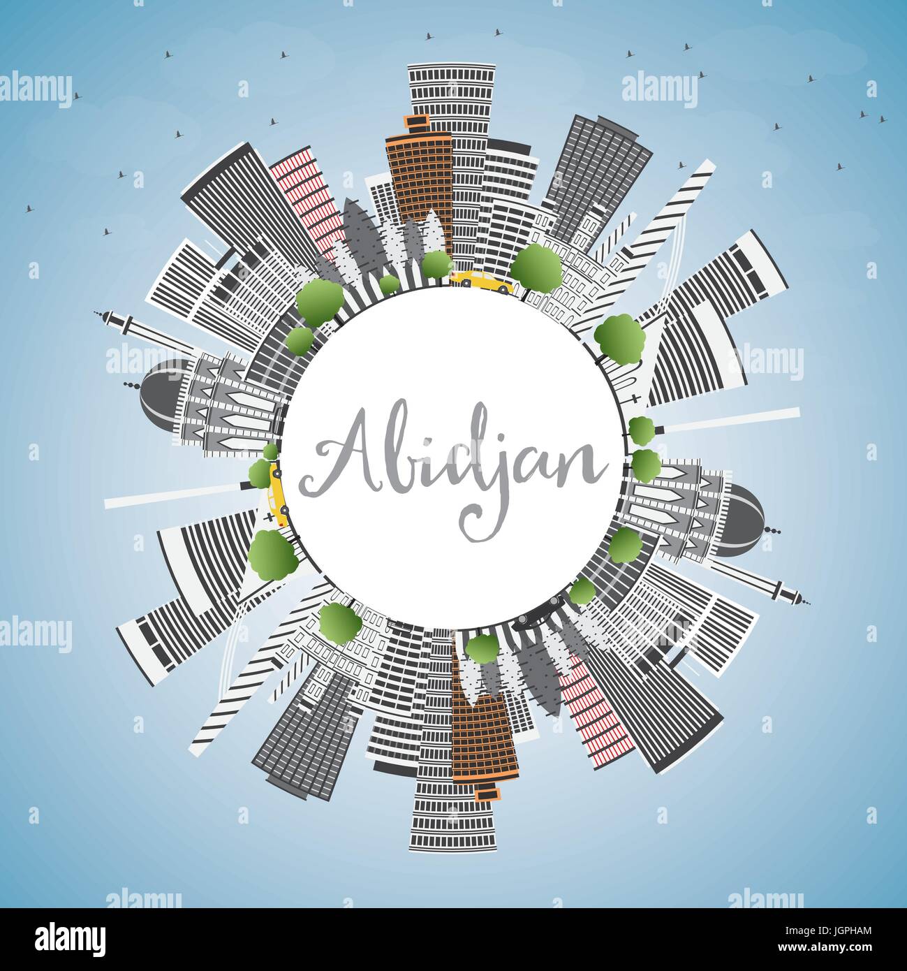 Abidjan Skyline with Gray Buildings, Blue Sky and Copy Space. Vector Illustration. Business Travel and Tourism Concept with Modern Architecture. Stock Vector
