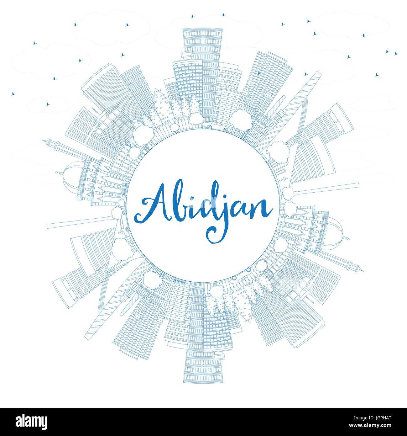 Outline Abidjan Skyline with Blue Buildings and Copy Space. Vector Illustration. Business Travel and Tourism Concept with Modern Architecture. Stock Vector