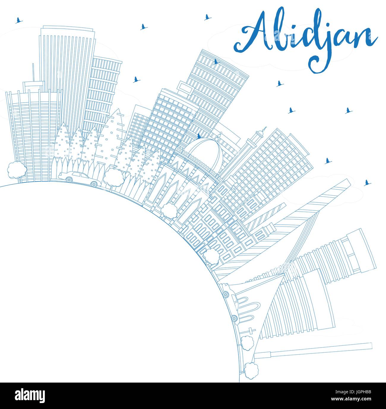 Outline Abidjan Skyline with Blue Buildings and Copy Space. Vector Illustration. Business Travel and Tourism Concept with Modern Architecture. Stock Vector