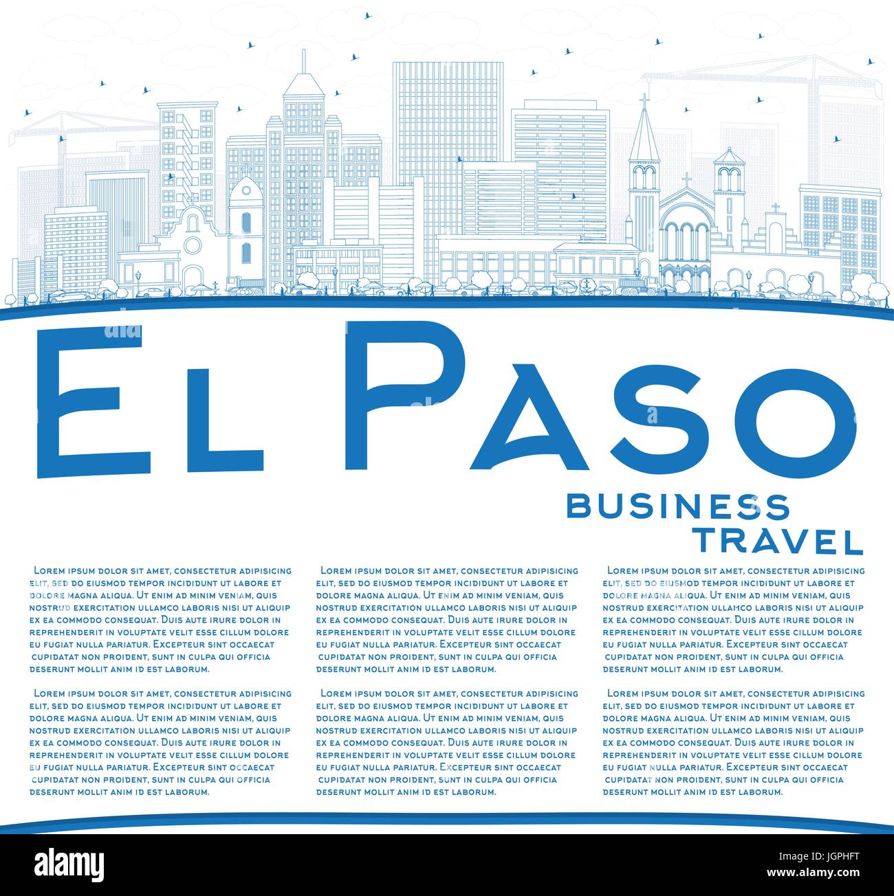 Outline El Paso Skyline with Blue Buildings and Copy Space. Vector Illustration. Business Travel and Tourism Concept with Modern Architecture. Stock Vector