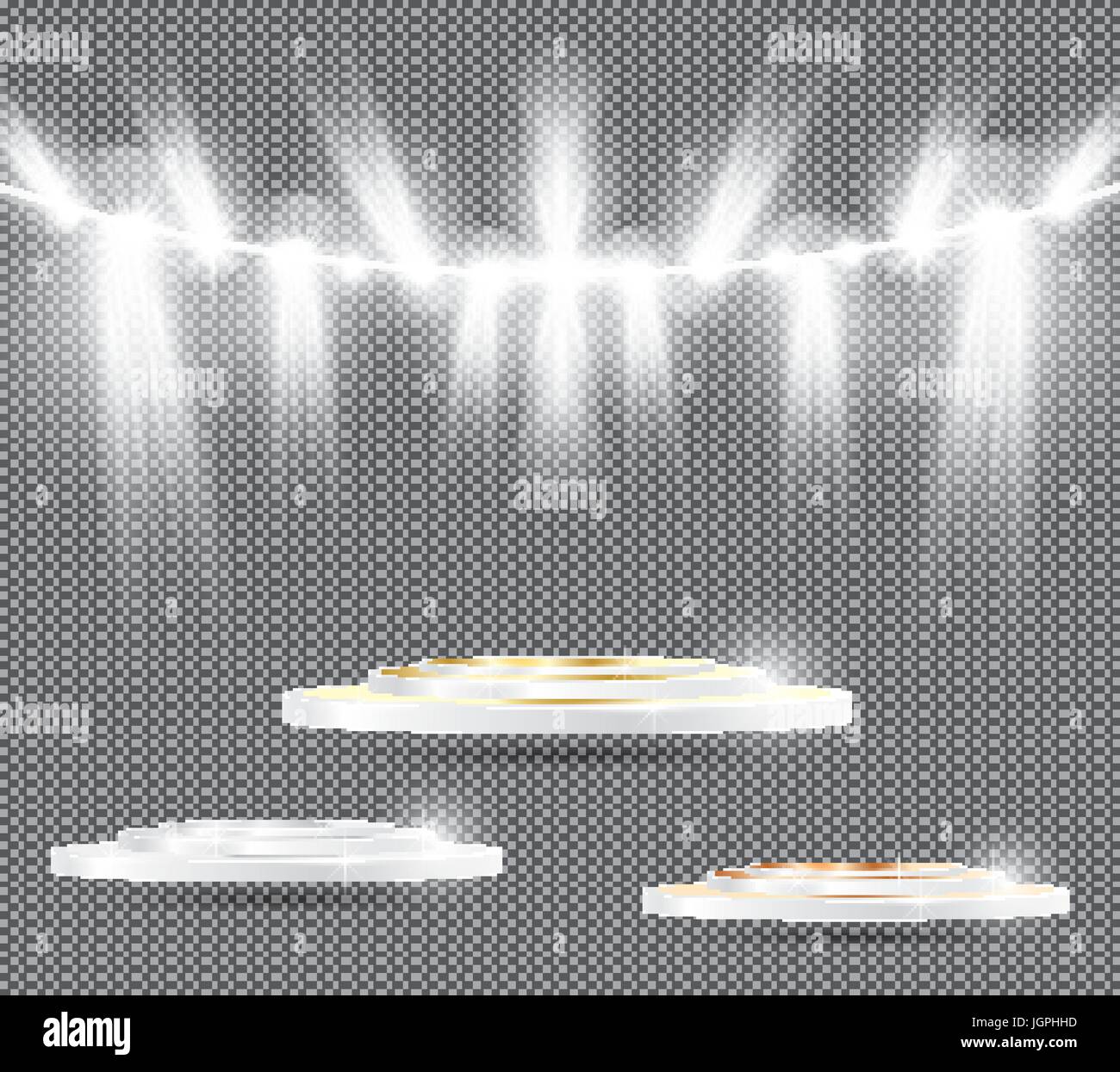 Gold silver bronze podium on transparent background with spotlights