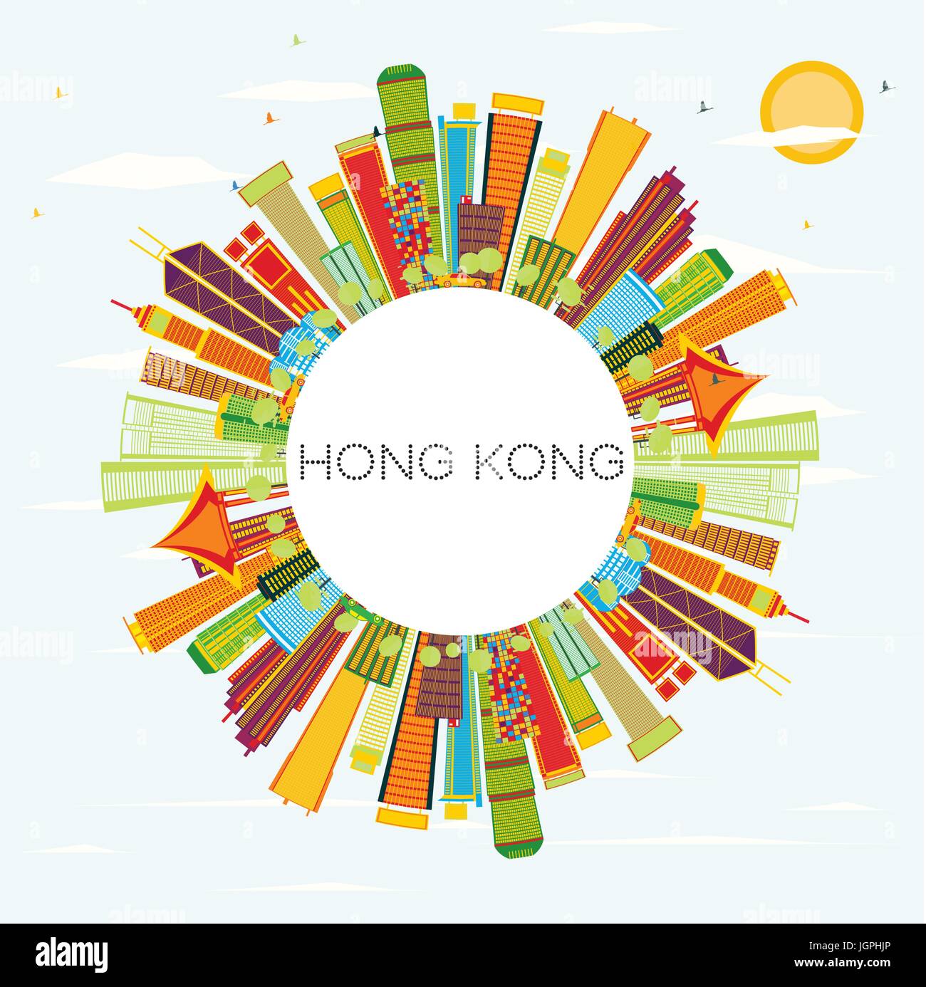 Hong Kong Skyline with Color Buildings, Blue Sky and Copy Space. Vector ...