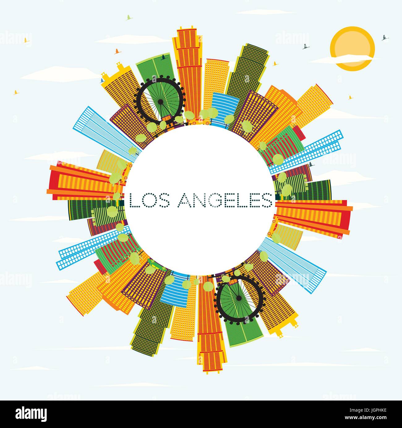 Los Angeles Skyline with Color Buildings, Blue Sky and Copy Space