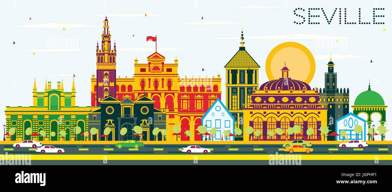 Seville Skyline with Color Buildings and Blue Sky. Vector Illustration. Business Travel and Tourism Concept with Historic Buildings. Stock Vector