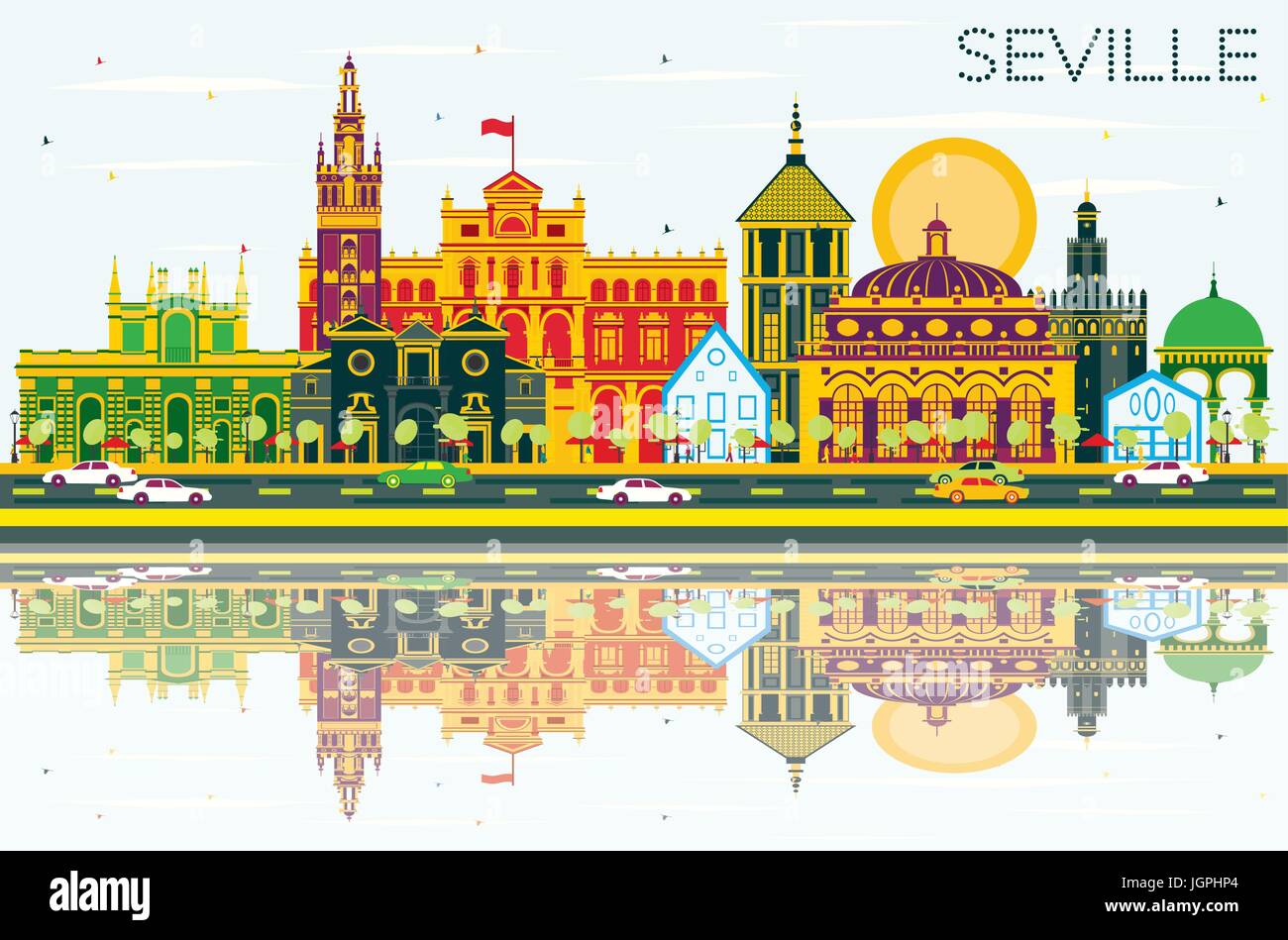 Seville Skyline with Color Buildings, Blue Sky and Reflections. Vector Illustration. Business Travel and Tourism Concept with Historic Buildings. Stock Vector