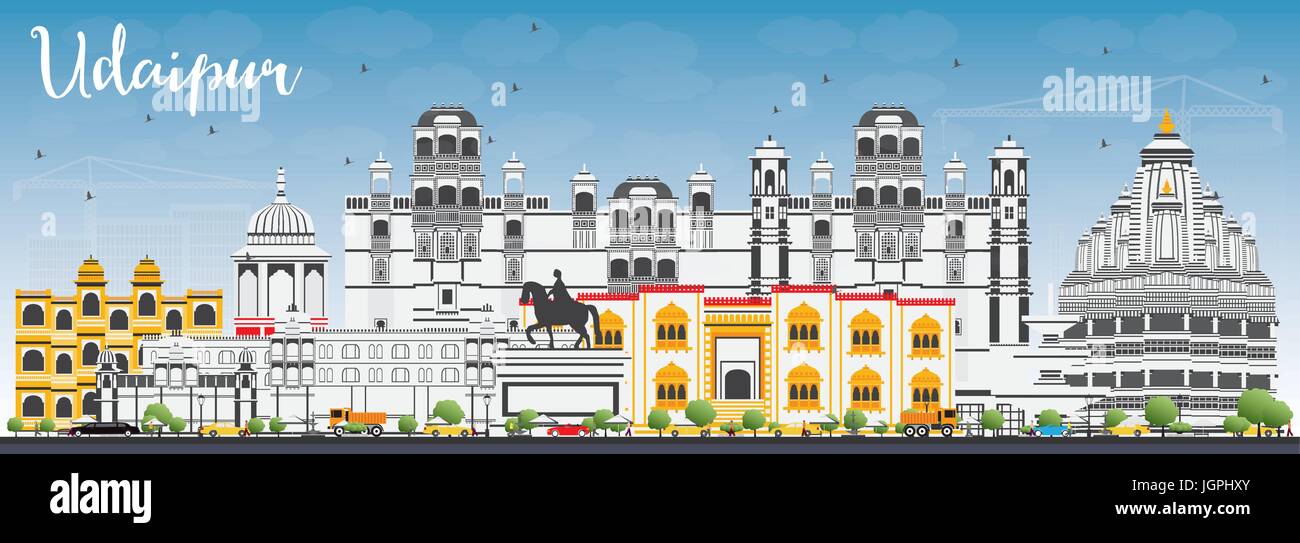 Udaipur Skyline with Color Buildings and Blue Sky. Vector Illustration. Business Travel and Tourism Concept with Historic Architecture. Stock Vector