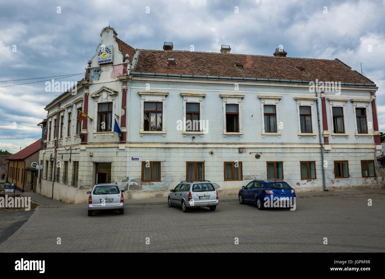 Historical building on Central Square (Piata Centrala) in Miercurea Sibiului town of Sibiu County in southern Transylvania, Romania Stock Photo