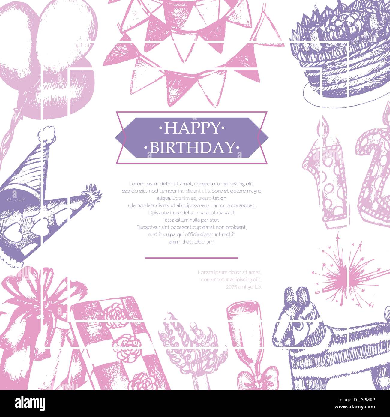 Happy Birthday - color vector hand drawn vintage postcard template with ...