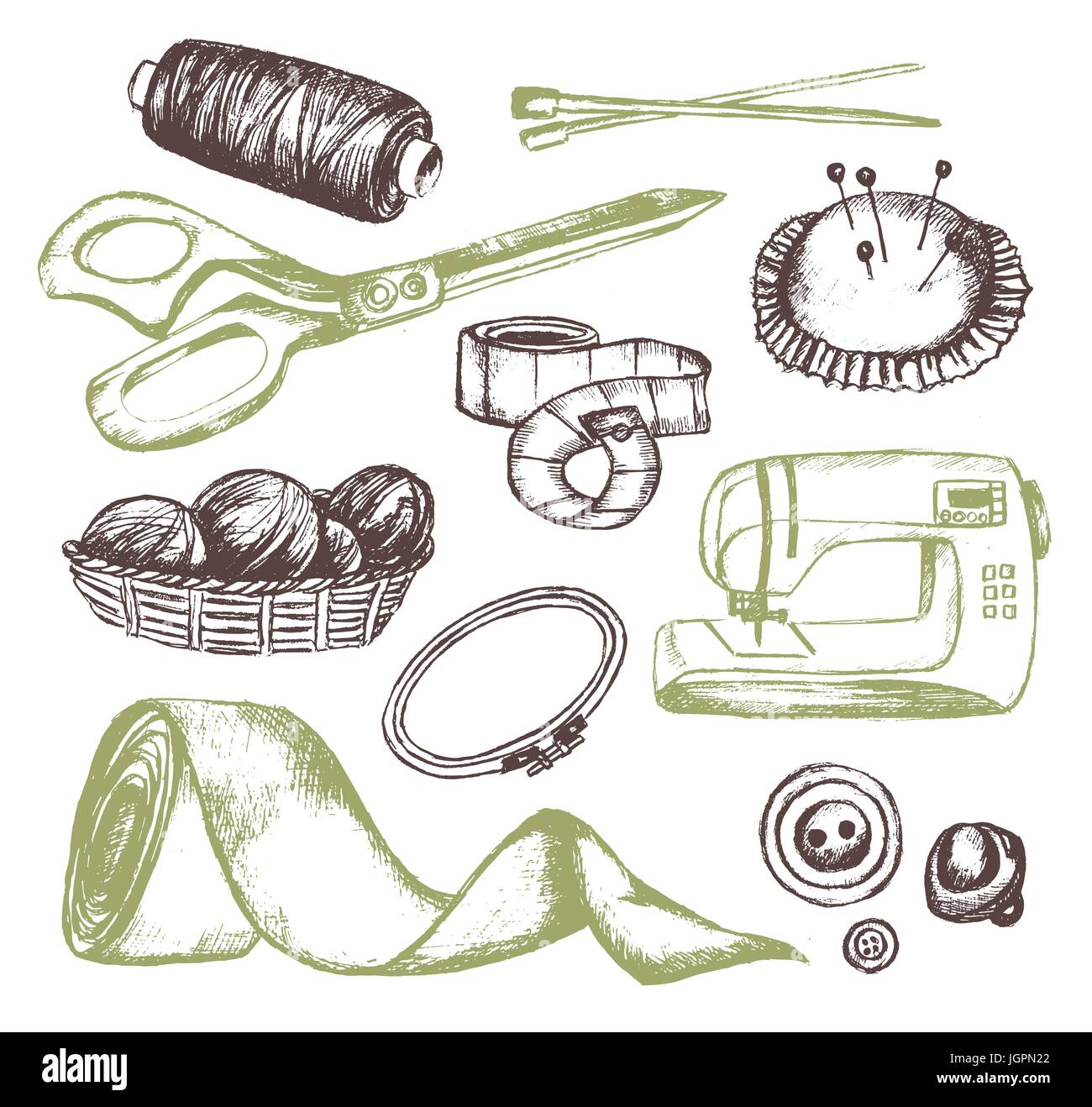 Sewing Accessories - color vector hand drawn vintage illustration ...