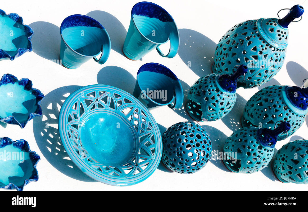 Local Pottery for sale. Arts and crafts. Santorini Greece Stock Photo