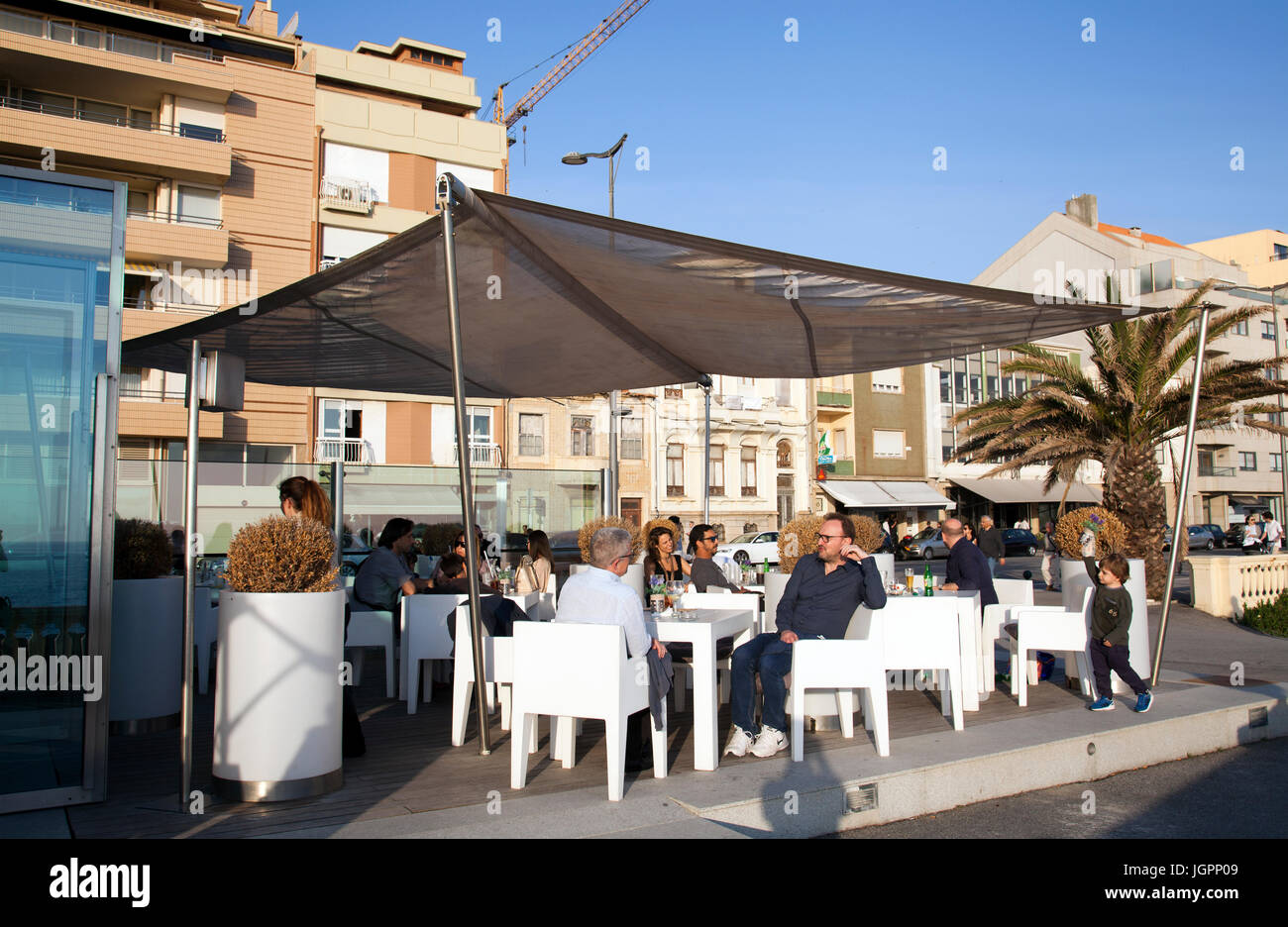 Cafe on Foz Promenade along Av do Brasil in Porto - Portugal Stock Photo