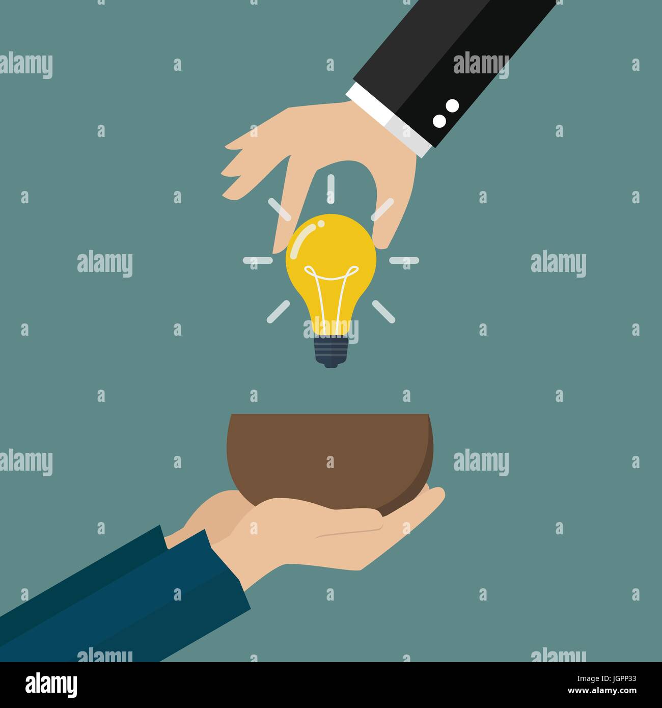 Hand giving idea to beggar hand. Vector illustration Stock Vector