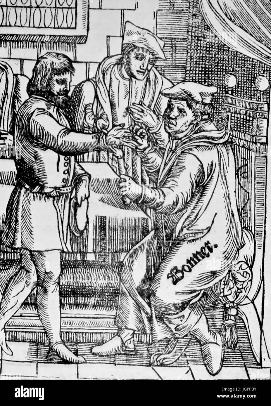 EDMUND BONNER (c 1500-1569) Bishop of London. Bonner burning the hand of weaver Thomas Tomkins in 1554 in an effort to make him renounce his Protestant views. Tomkins was eventually burned at the stake in March 1555. Stock Photo
