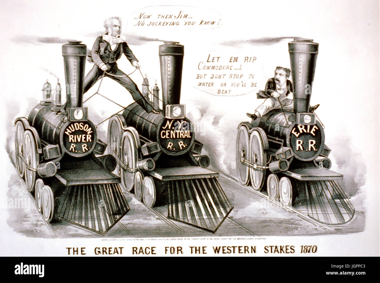 THE GREAT RACE FOR THE WESTERN STAKES 1870. Currier & Ives lithograph showing Cornelius Vanderbilt at left competing with James Fisk Jnr  to take over the bankrupt Erie Railroad Stock Photo